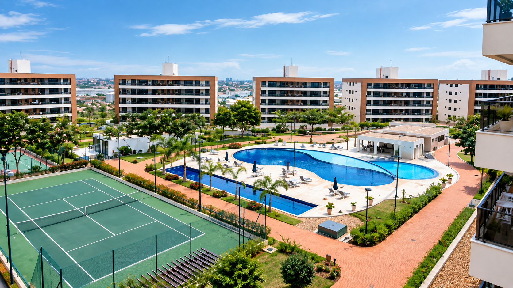 Vista aérea do Condomínio Noblesse com piscinas e quadras de ténis